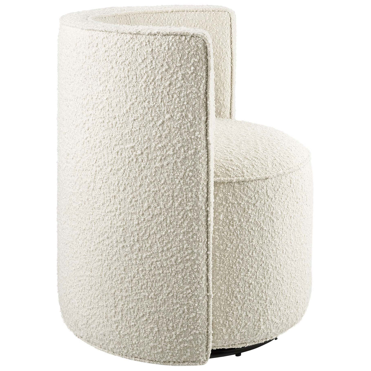Rounded backrest wrapped in textured ivory boucle pairs with a sleek black swivel base for easy movement. || EEI-6223-IVO || back_angle_studio
