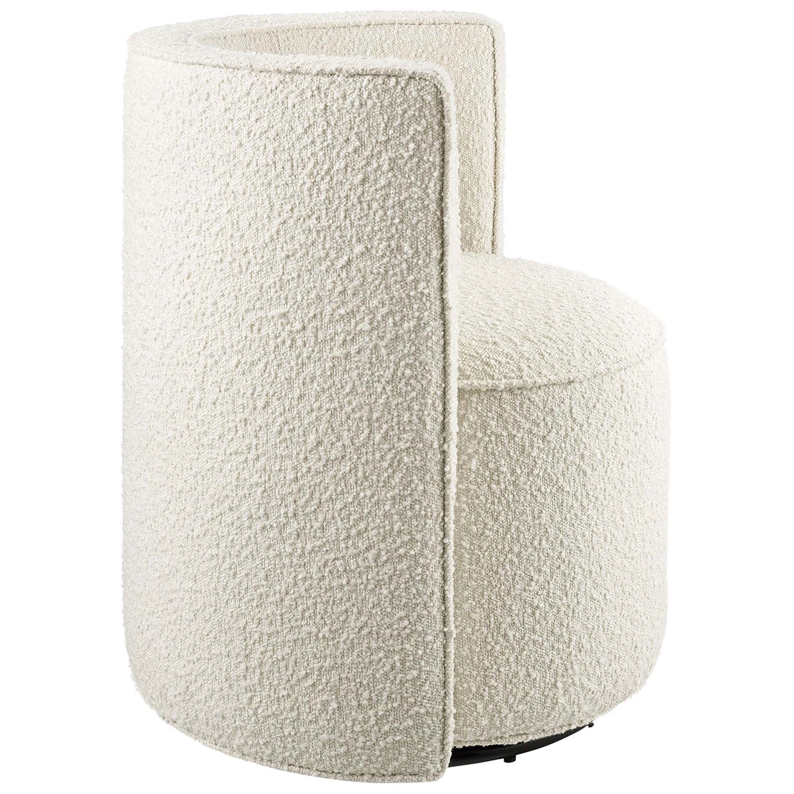 Rounded backrest wrapped in textured ivory boucle pairs with a sleek black swivel base for easy movement. || EEI-6223-IVO || back_angle_studio