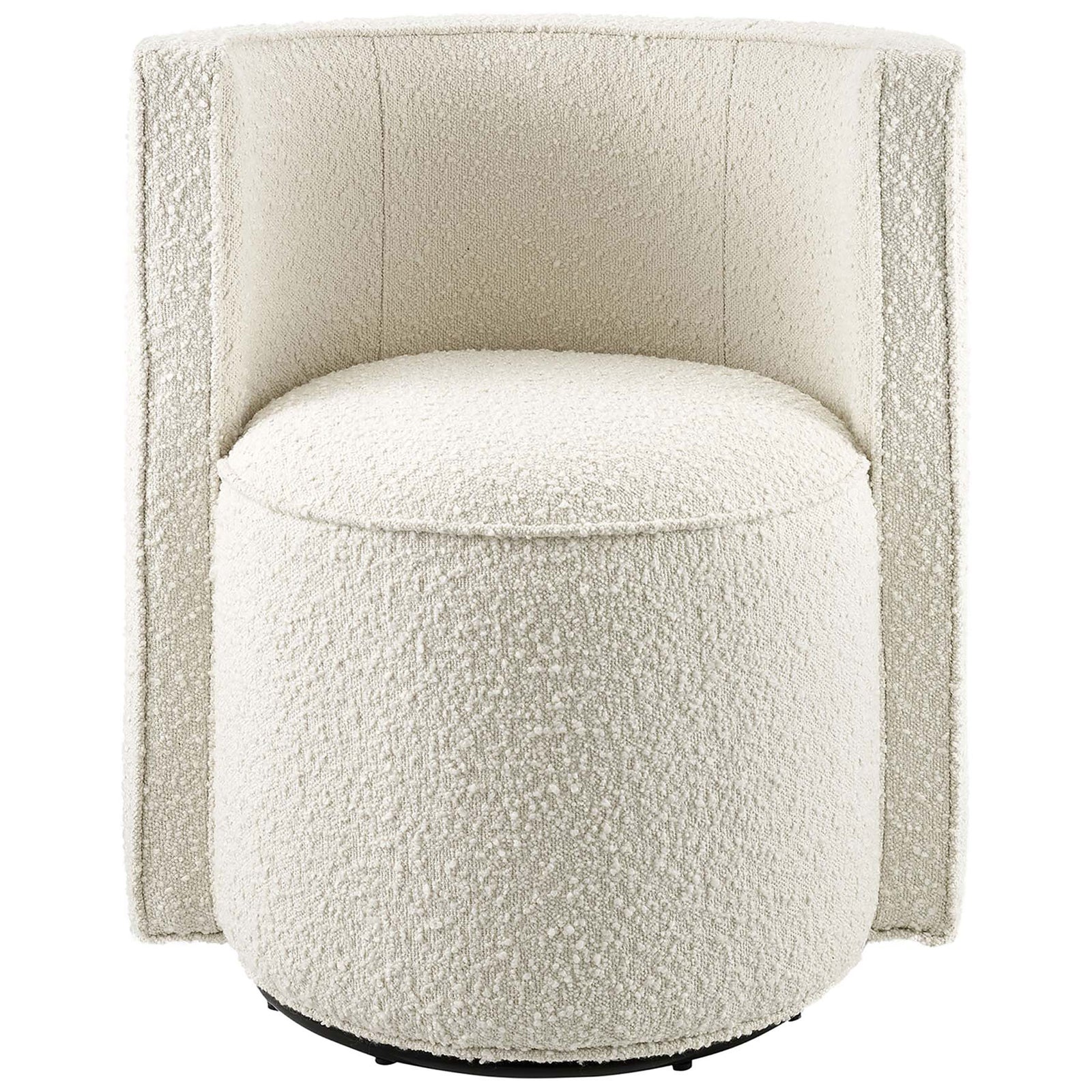Compact ivory boucle swivel chair with plush seat, channel-tufted back, and matte black base. || EEI-6223-IVO || front_studio
