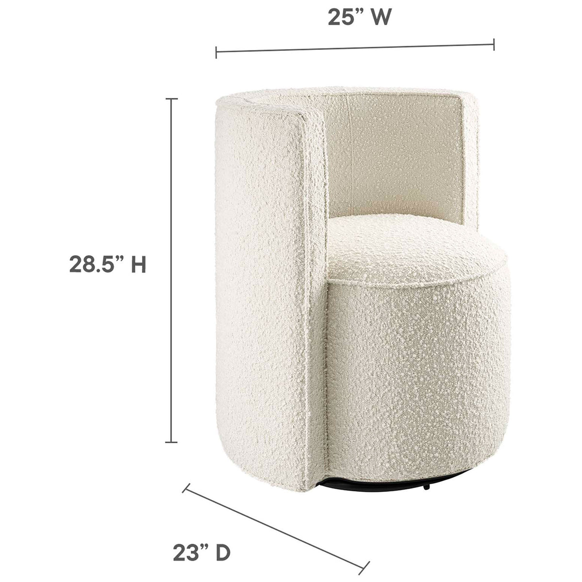 Overall dimensions shown: 23 in. D x 25 in. W x 28.5 in. H for the ivory boucle swivel chair. || EEI-6223-IVO || dimension_studio