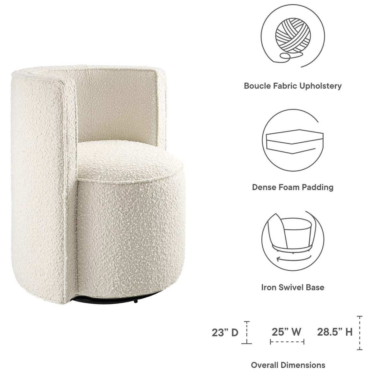 Key features include boucle upholstery, dense foam padding, and an iron swivel base; overall size 23D x 25W x 28.5H. || EEI-6223-IVO || callout_studio