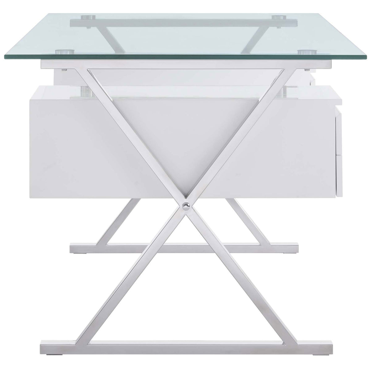 Architectural X-frame base and floating drawers create an open, contemporary silhouette || EEI-6226-WHI || side_studio