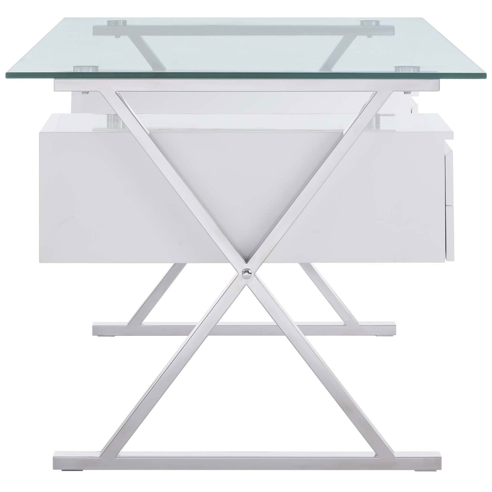 Architectural X-frame base and floating drawers create an open, contemporary silhouette || EEI-6226-WHI || side_studio