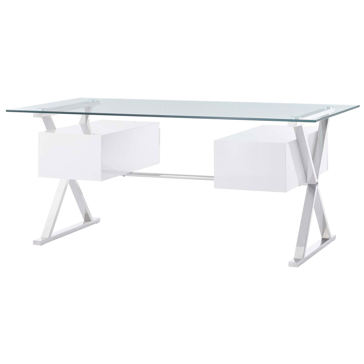 Clean rear profile with stabilizing crossbar and gleaming steel legs beneath a broad glass desktop || EEI-6226-WHI || back_angle_studio