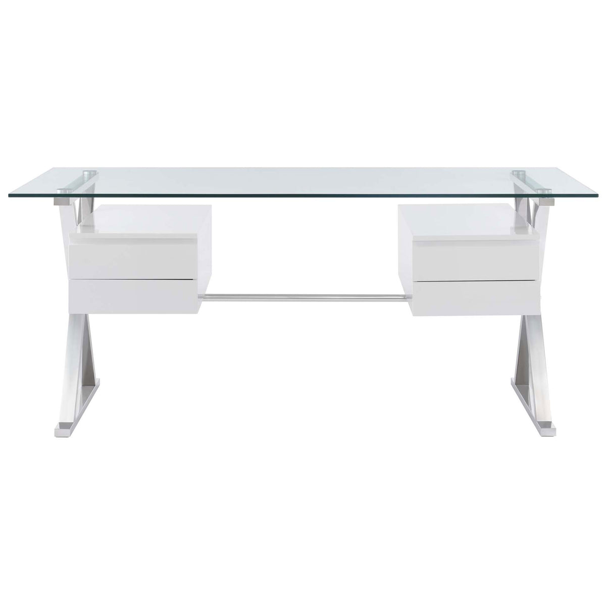 Sleek glass-top desk with polished X-legs and dual floating white drawers for a modern workspace || EEI-6226-WHI || front_studio