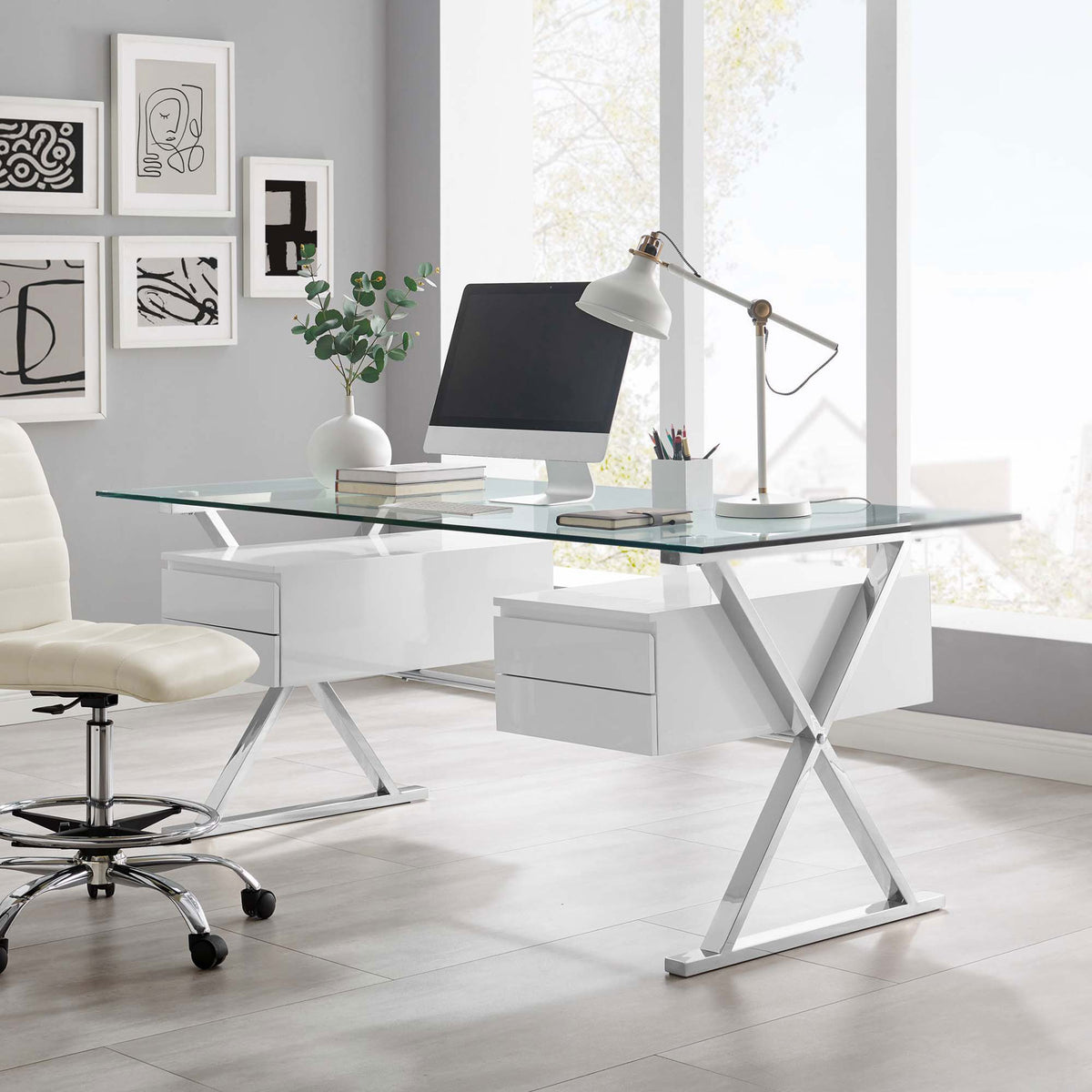 Modern glass and steel desk brings a bright, streamlined look to any workspace || EEI-6226-WHI || front_angle_room