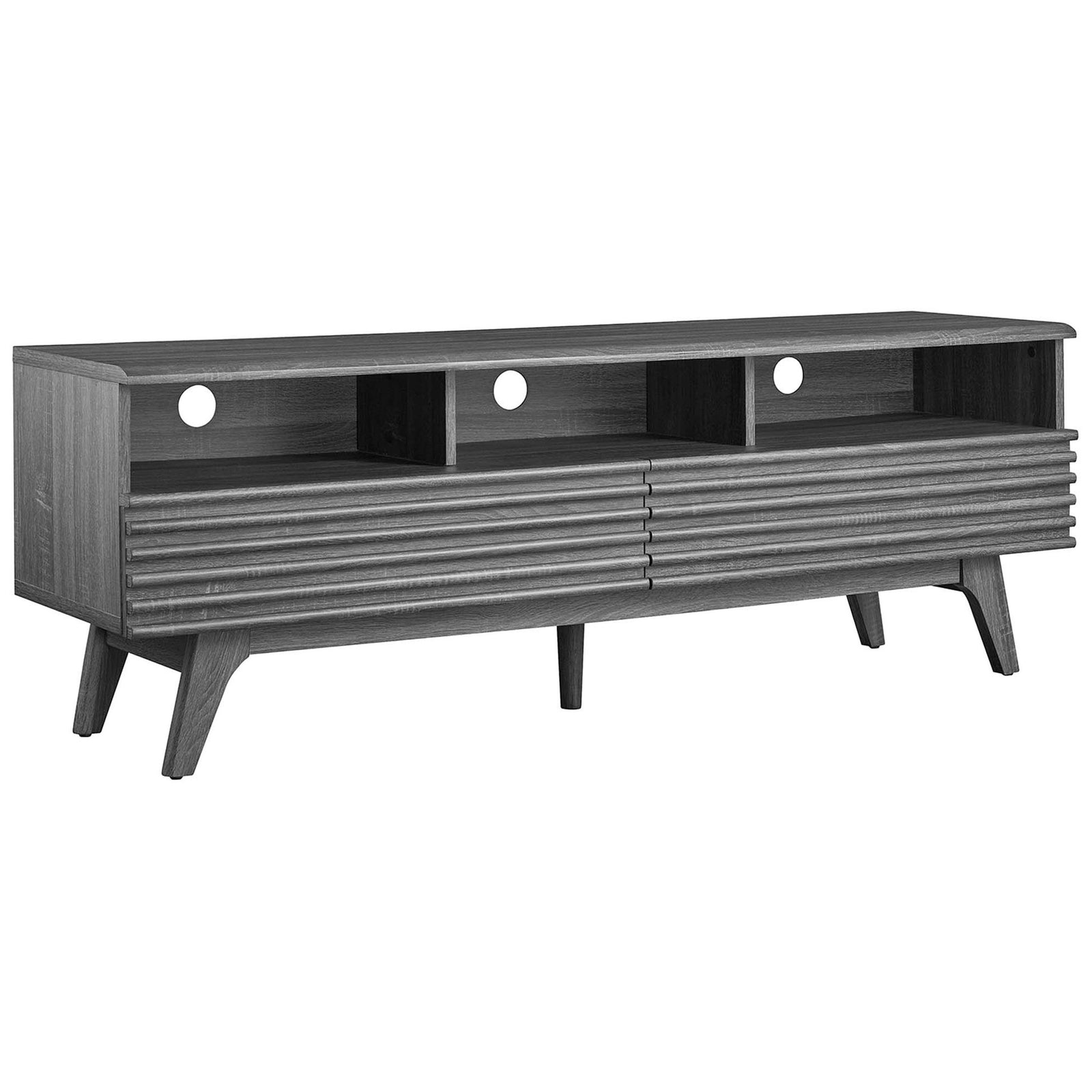 Charcoal 60 inch TV stand with slatted drawers, open shelves, and tapered mid-century legs || EEI-6228-CHA || front_angle_studio