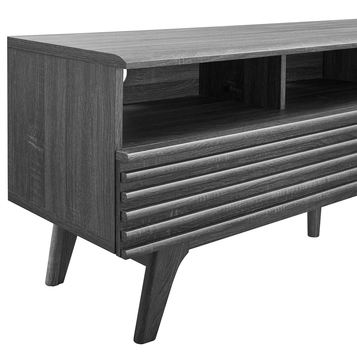 Charcoal TV stand detail with rich wood grain, open shelf storage, and slatted drawer design || EEI-6228-CHA || detail_studio