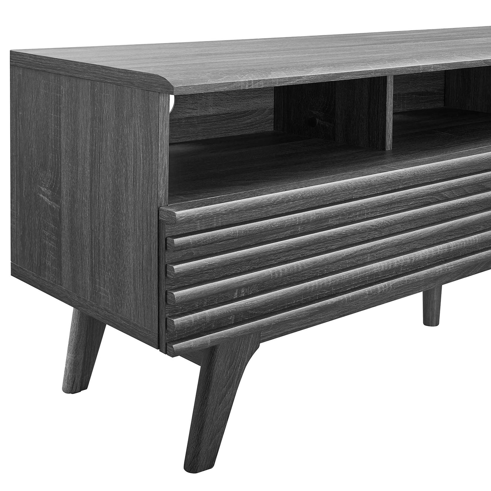 Charcoal TV stand detail with rich wood grain, open shelf storage, and slatted drawer design || EEI-6228-CHA || detail_studio