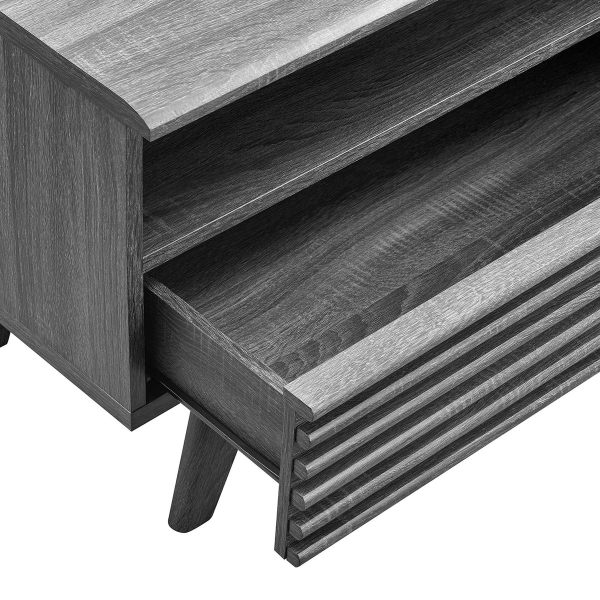 Charcoal TV stand with full-extension drawer open to reveal generous storage for media accessories || EEI-6228-CHA || storage_open_studio