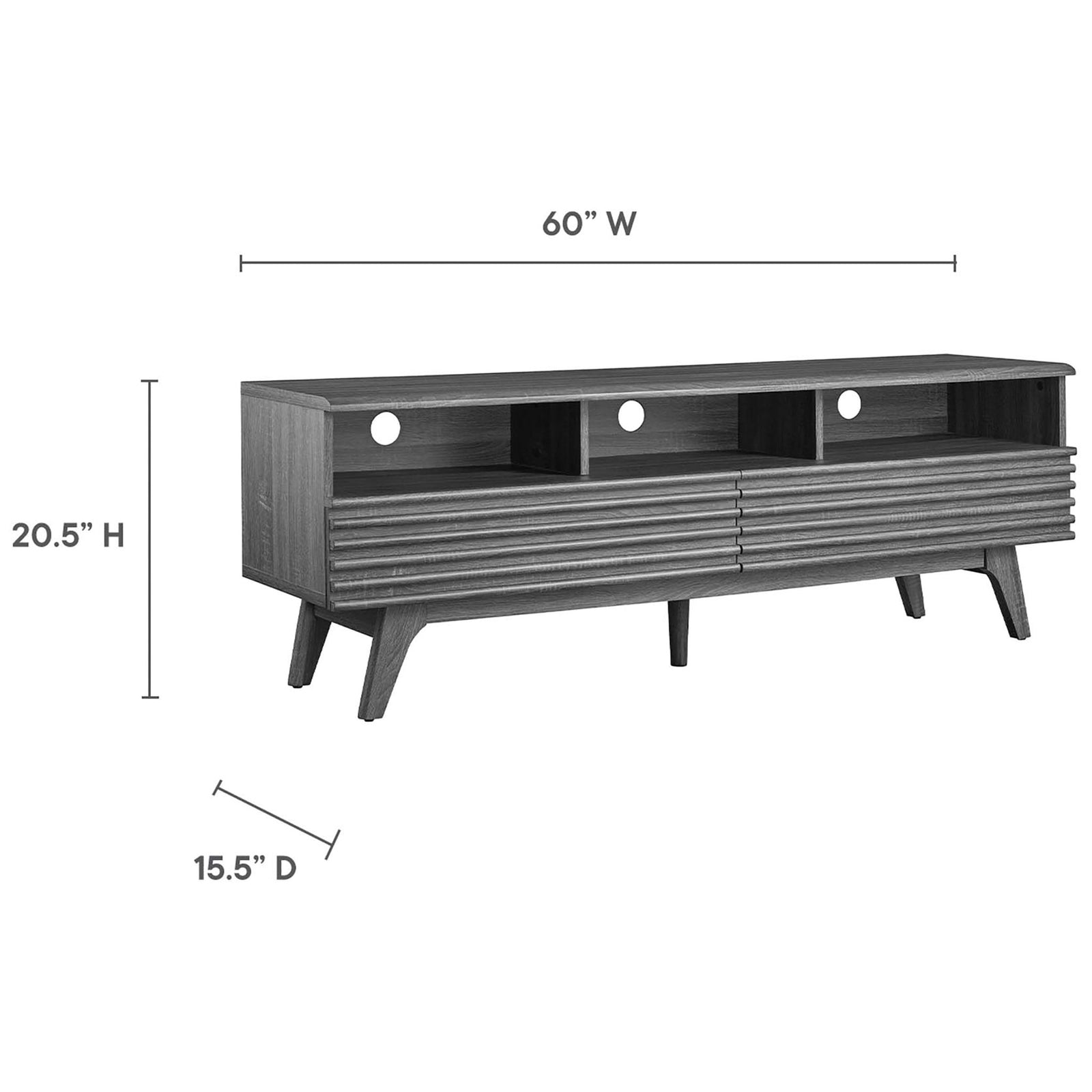 Charcoal 60 inch TV stand with measurements for width, height, and depth clearly shown || EEI-6228-CHA || dimension_studio
