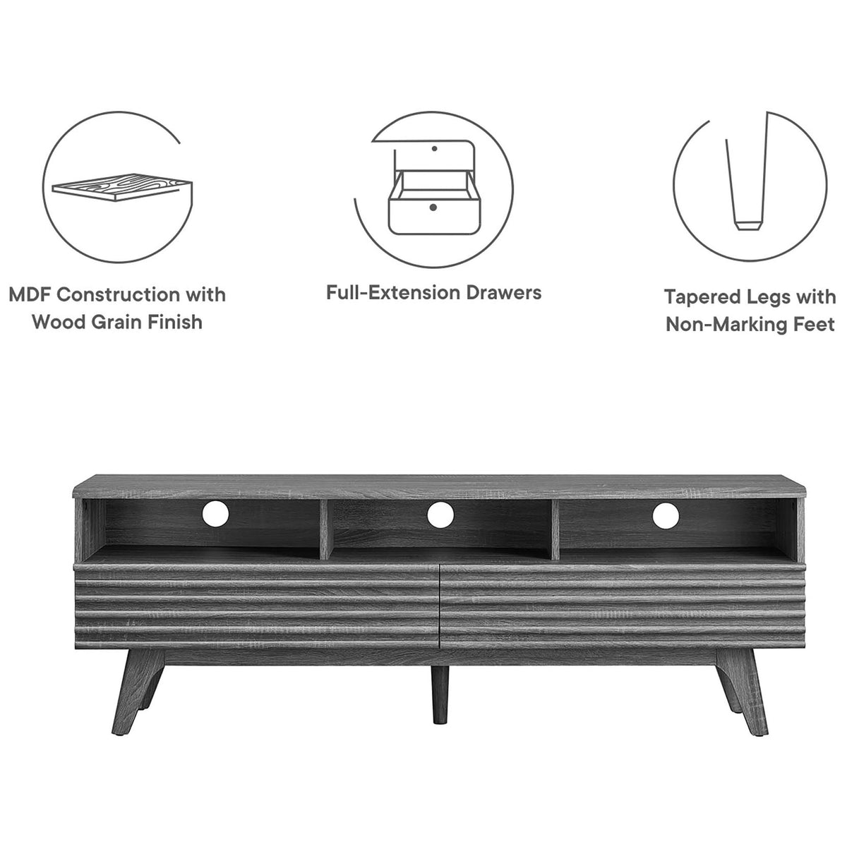 Charcoal TV stand featuring MDF construction, full-extension drawers, and tapered legs with non-marking feet || EEI-6228-CHA || callout_studio