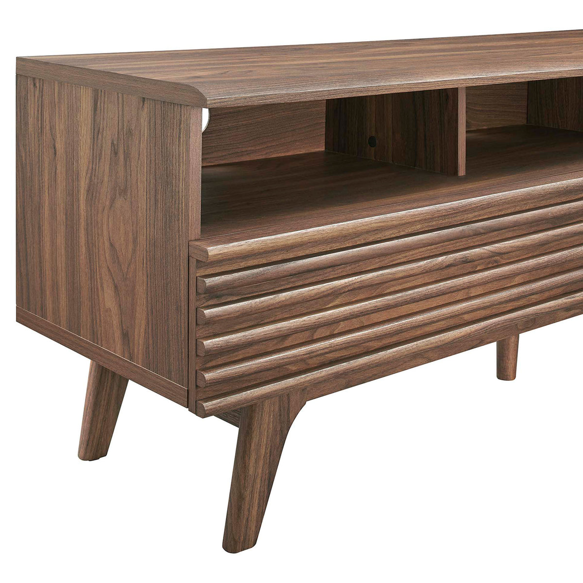 Walnut TV stand detail with warm wood grain, open shelf storage, and slatted drawer front || EEI-6228-WAL || detail_studio