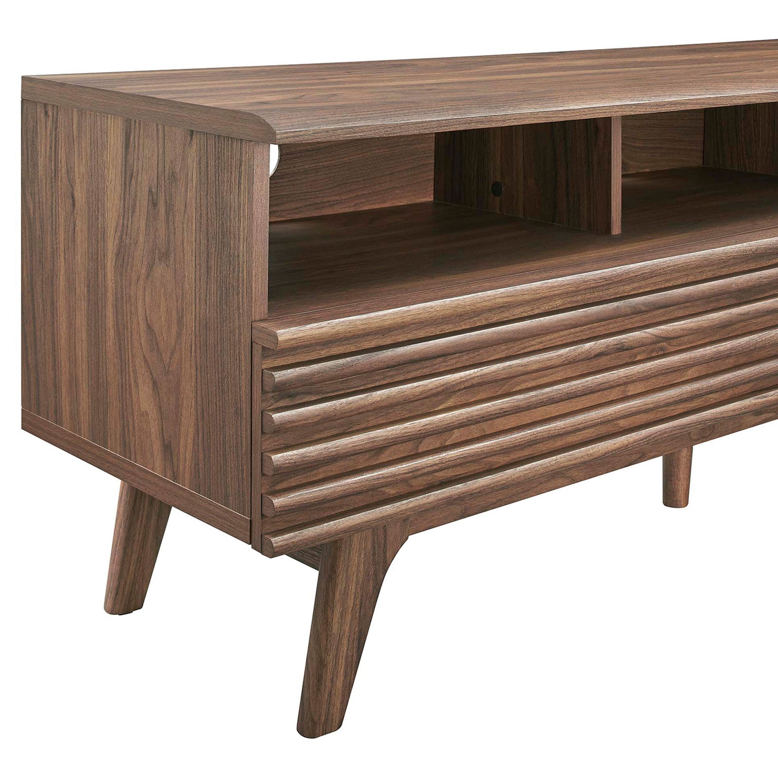 Walnut TV stand detail with warm wood grain, open shelf storage, and slatted drawer front || EEI-6228-WAL || detail_studio