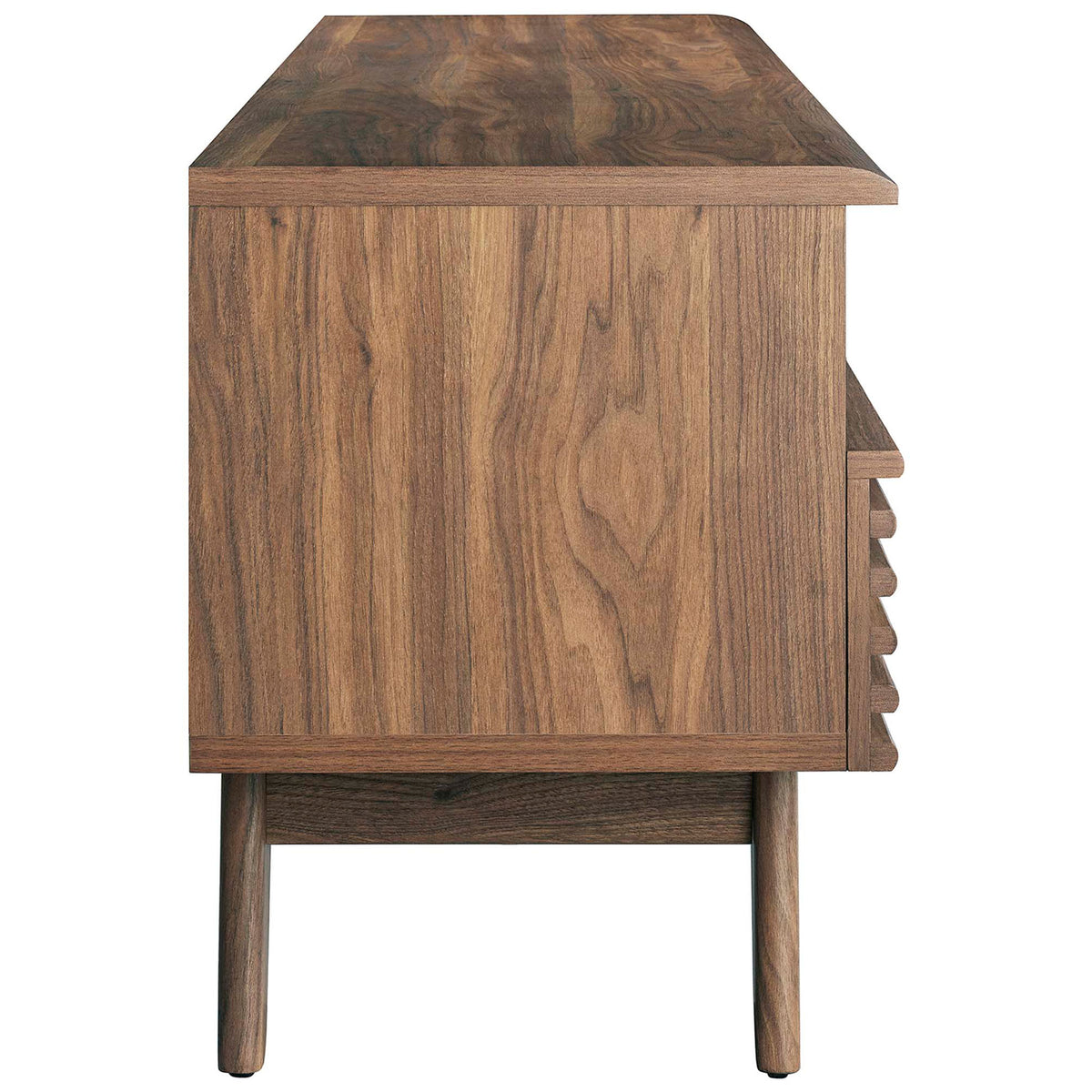 Walnut TV stand showing smooth side panel, open cubby, and angled tapered legs || EEI-6228-WAL || side_studio