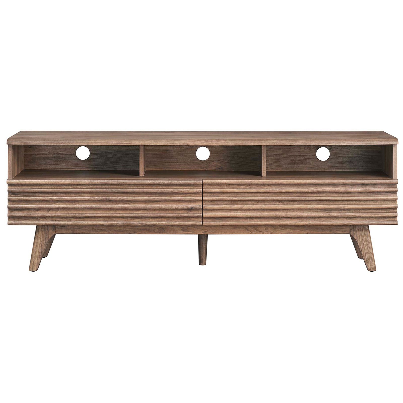 Walnut 60 inch TV stand with three open cubbies, slatted front drawers, and cable management holes || EEI-6228-WAL || front_studio