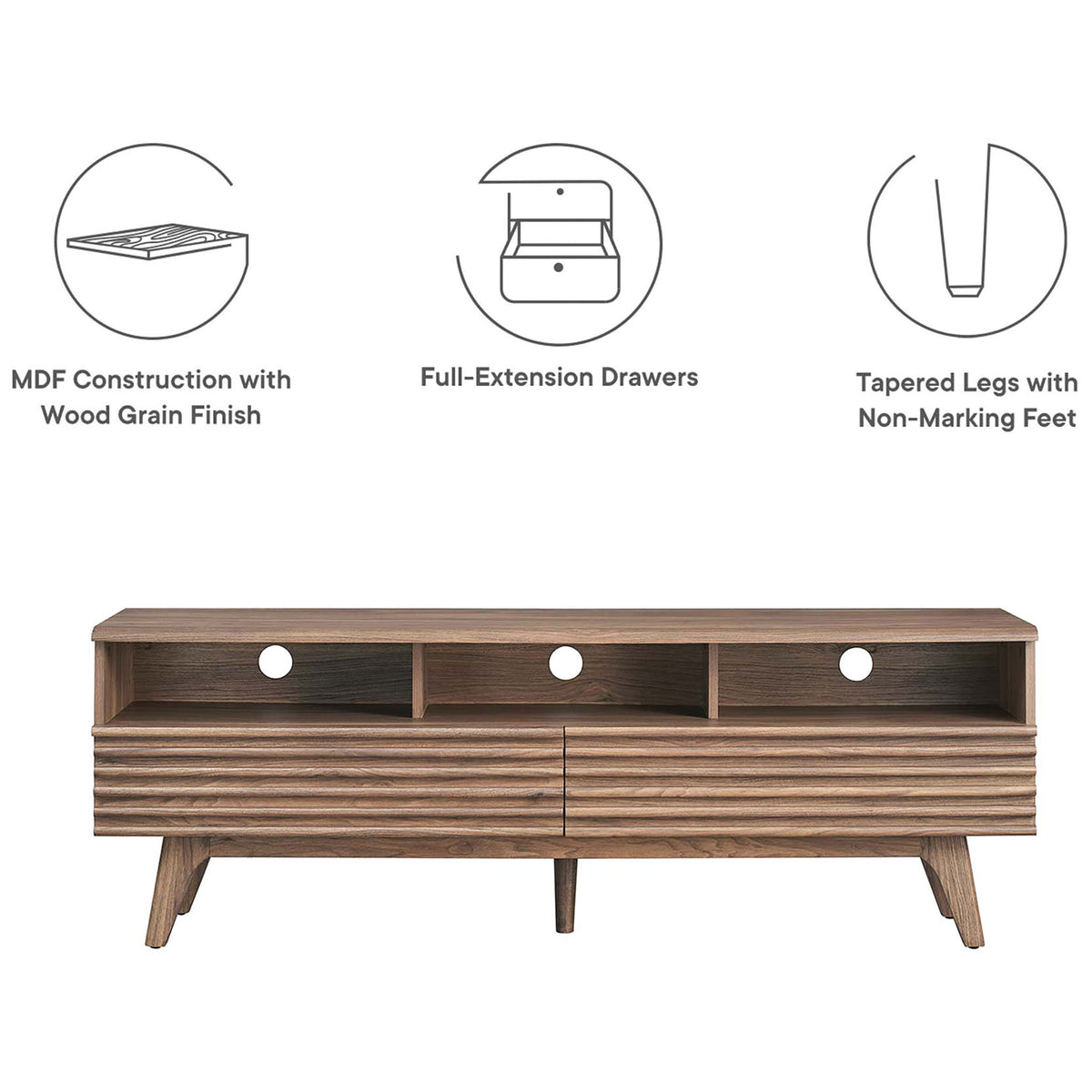 Walnut TV stand featuring MDF construction, full-extension drawers, and tapered legs with non-marking feet || EEI-6228-WAL || callout_studio