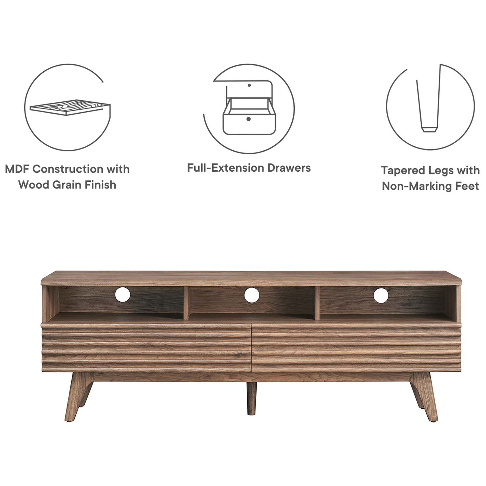Walnut TV stand featuring MDF construction, full-extension drawers, and tapered legs with non-marking feet || EEI-6228-WAL || callout_studio