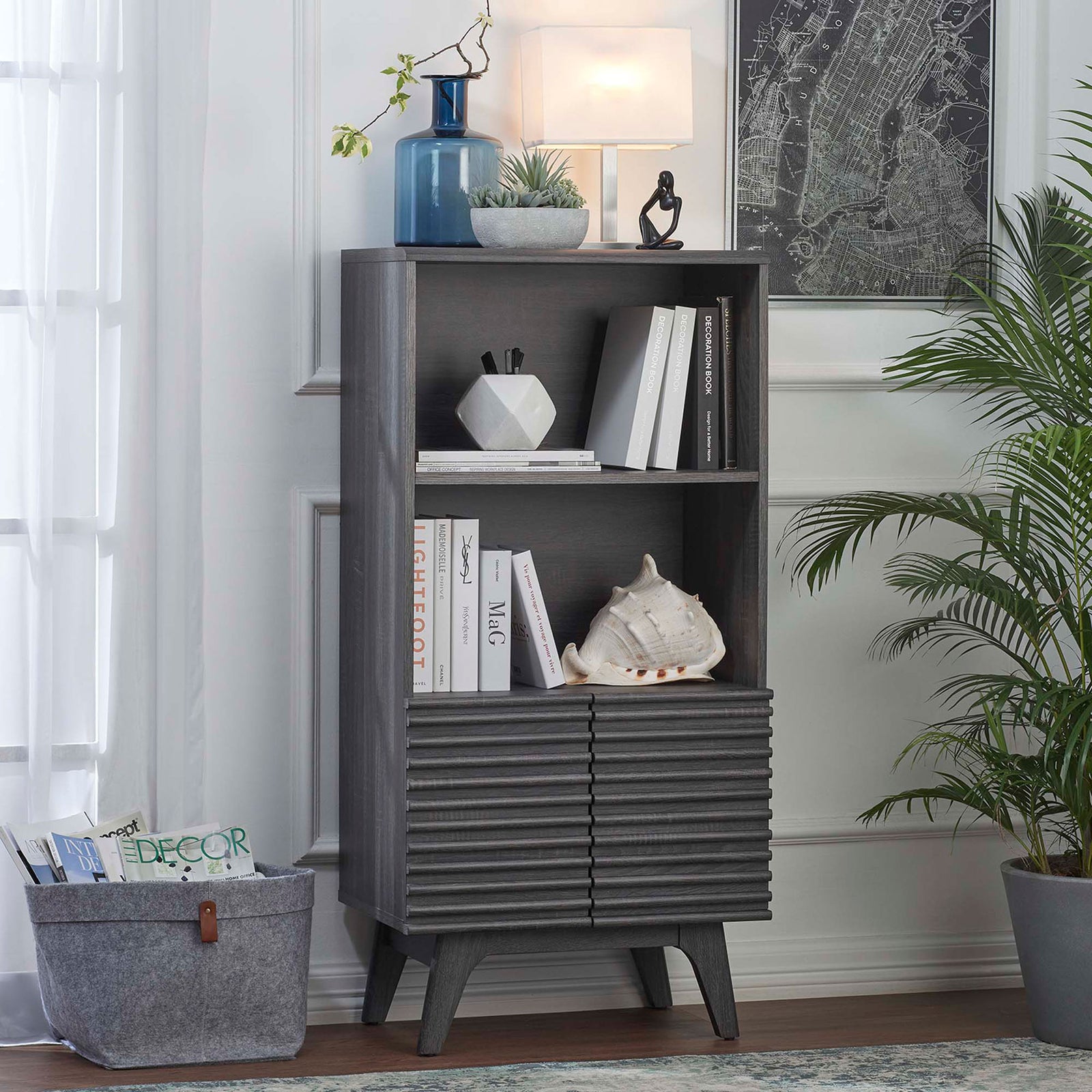 Versatile bookshelf cabinet with mid-century charm and ample storage for books and decor || EEI-6229-CHA || front_angle_room