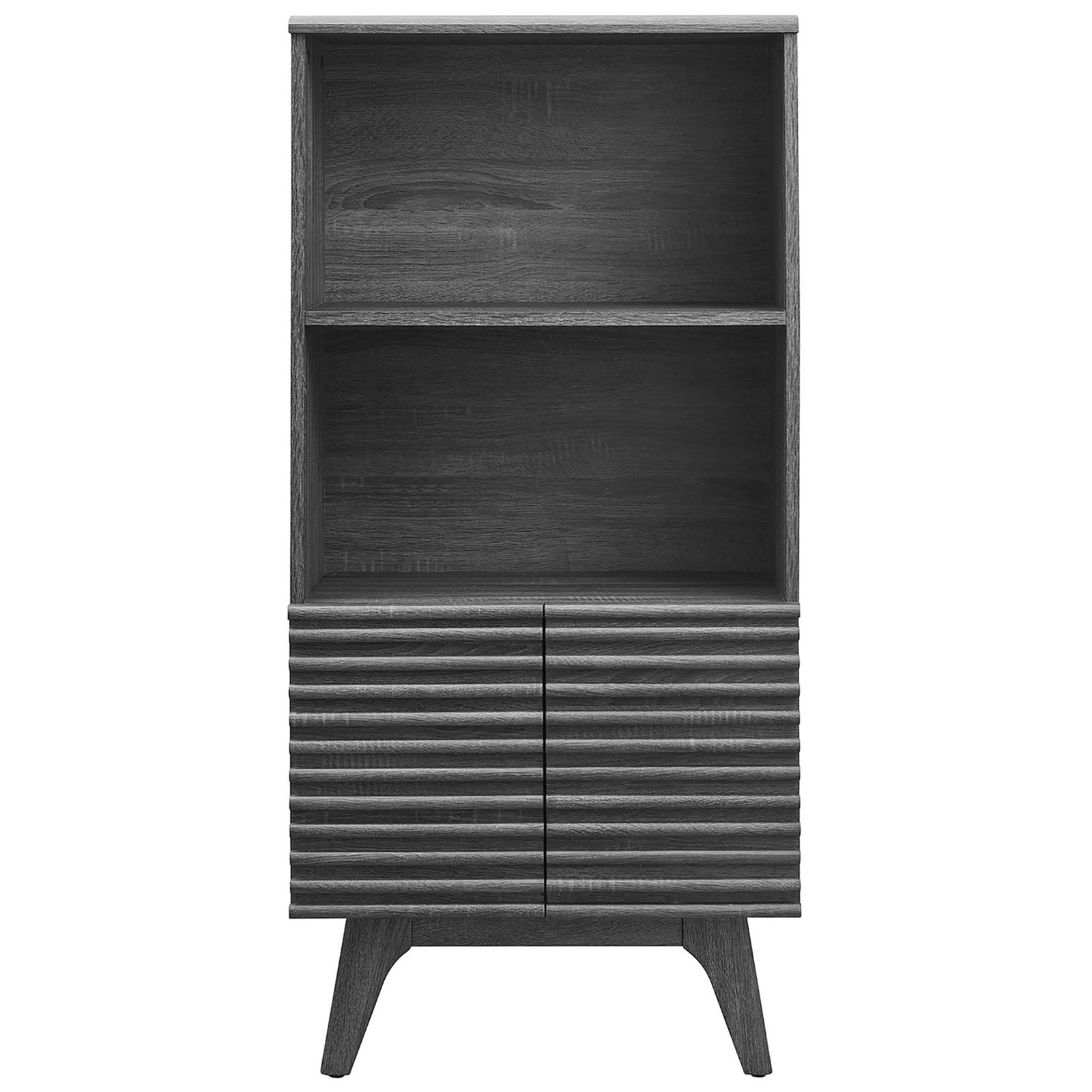 Mid-century charcoal display cabinet with dual ribbed doors and two roomy shelves || EEI-6229-CHA || front_studio