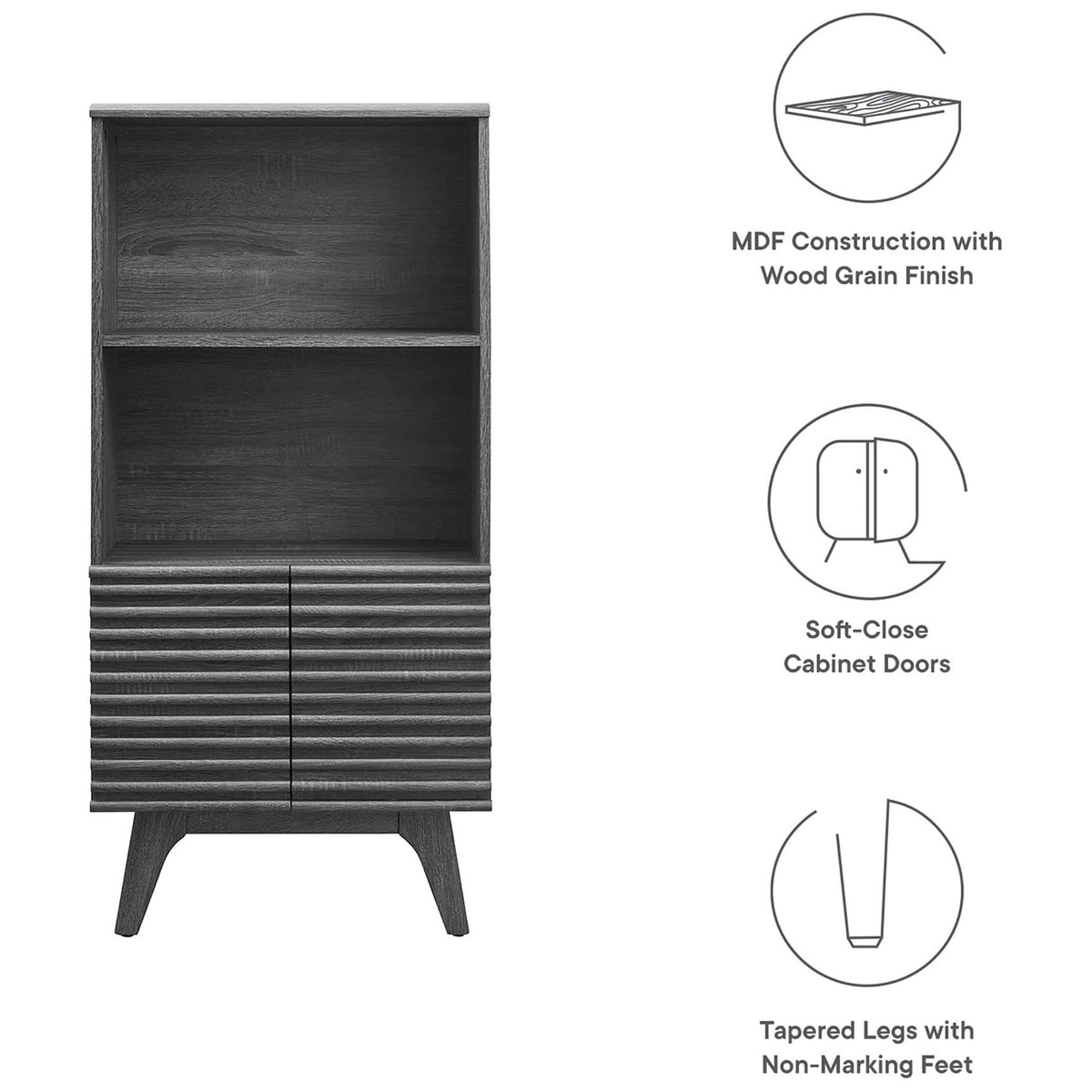 Key features include wood-grain finish, soft-close cabinet doors, and tapered non-marking legs || EEI-6229-CHA || callout_studio