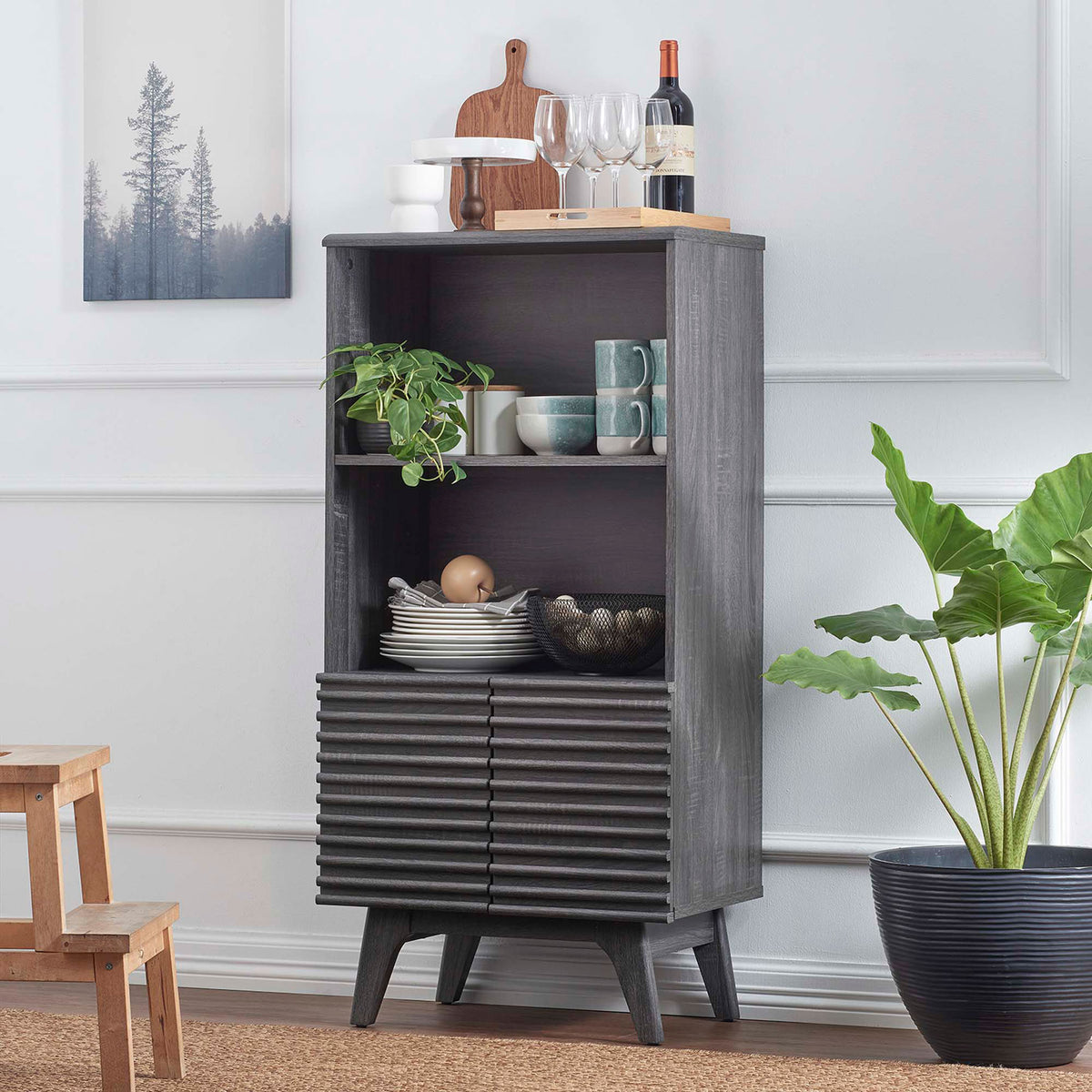 Styled charcoal cabinet with open shelving for decor and a concealed storage compartment below || EEI-6229-CHA || front_angle_room