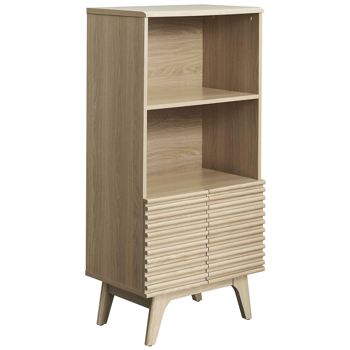 Clean oak wood grain with ribbed doors and airy profile for versatile display and storage || EEI-6229-OAK || front_angle_studio