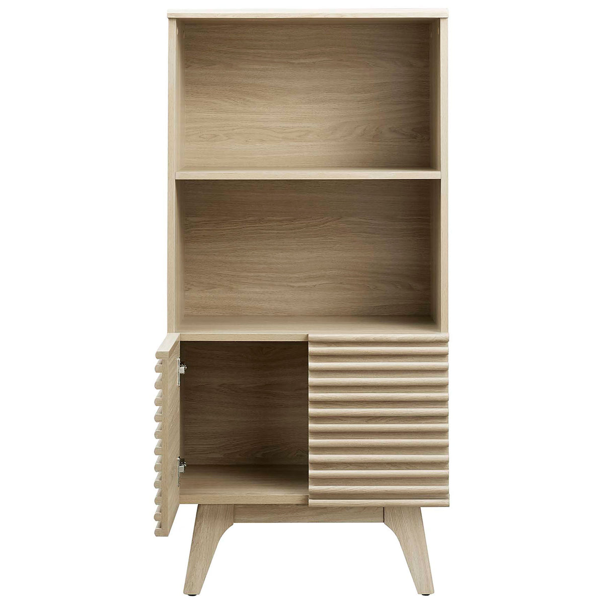 Spacious cabinet interior behind slatted doors with soft-close hinges and open shelving above || EEI-6229-OAK || front_open_studio