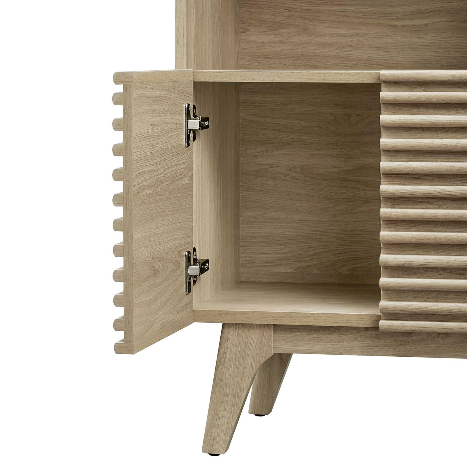 Soft-close cabinet opens to roomy storage for baskets, books, and more || EEI-6229-OAK || storage_open_studio