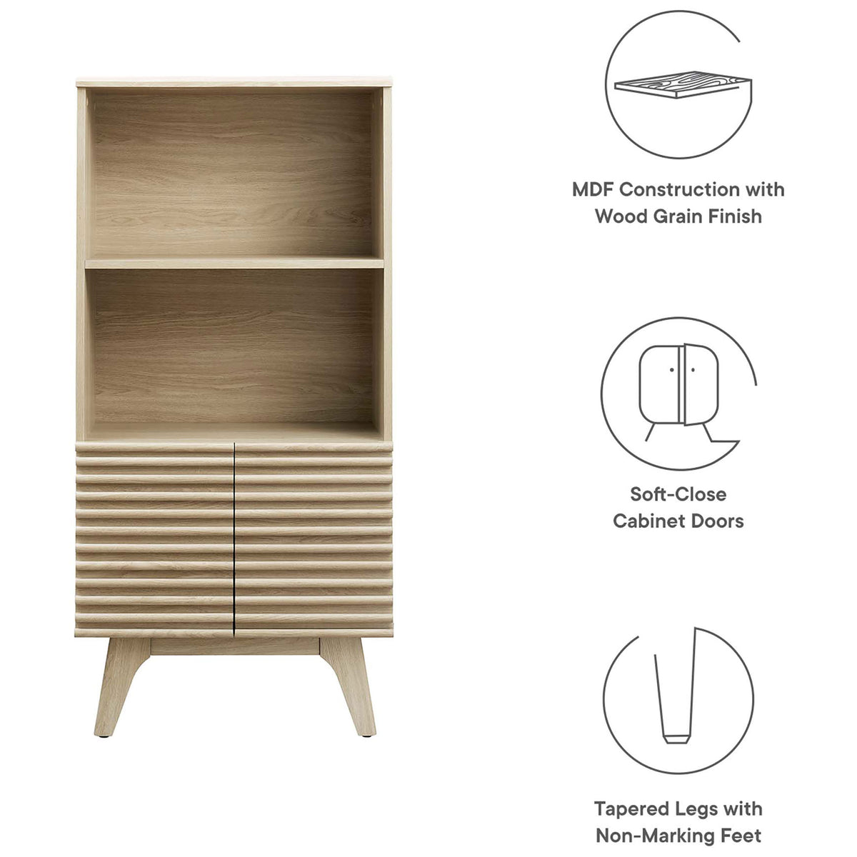 Durable MDF with wood grain laminate, soft-close doors, and non-marking tapered legs || EEI-6229-OAK || callout_studio