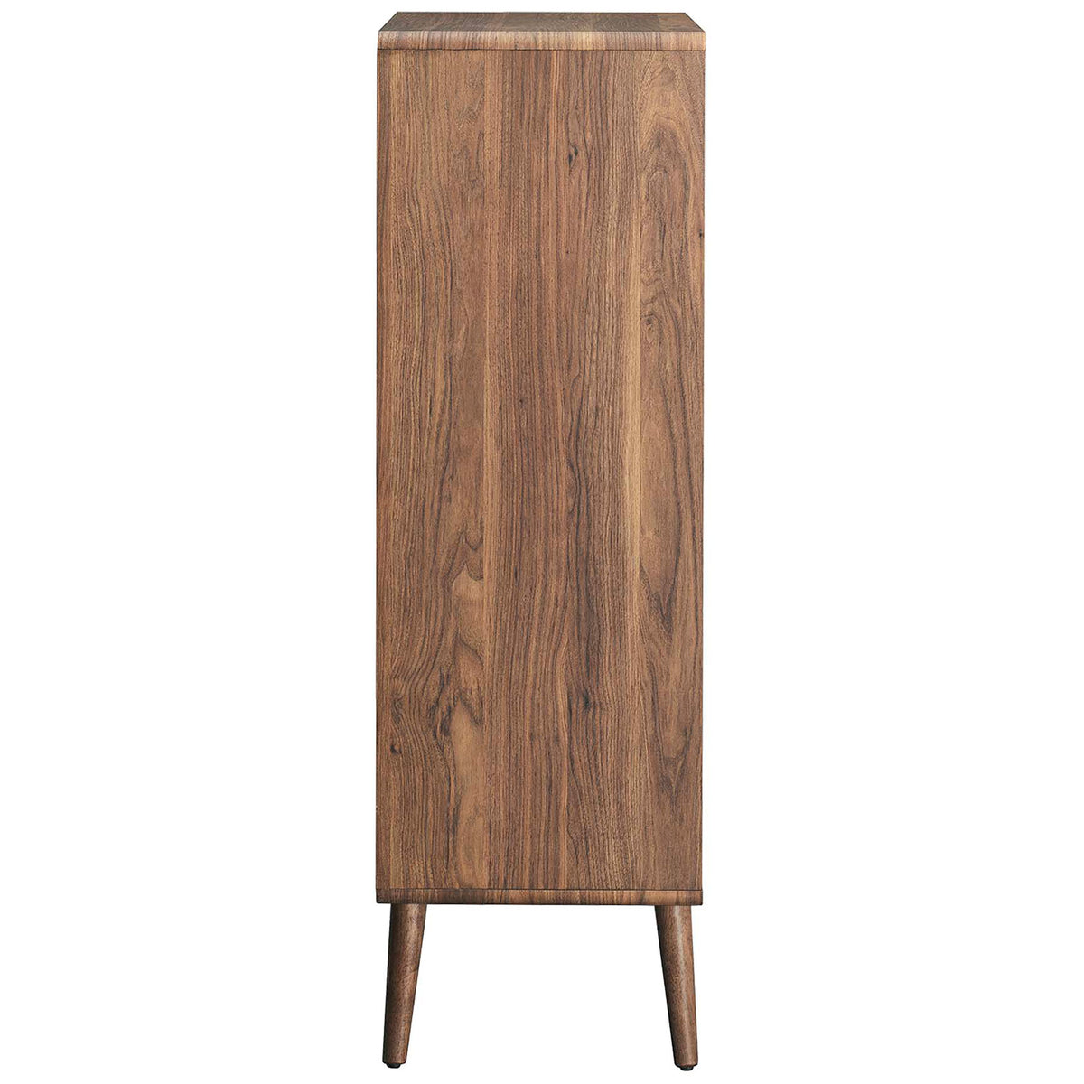 Slender side profile shows smooth walnut wood grain and softly rounded corners. || EEI-6230-WAL-WHI || side_studio