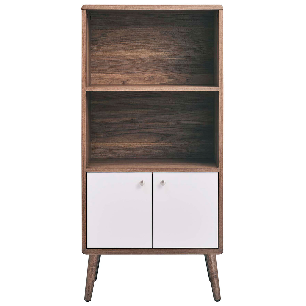 Walnut display cabinet with two open shelves and white double doors for concealed storage. || EEI-6230-WAL-WHI || front_studio