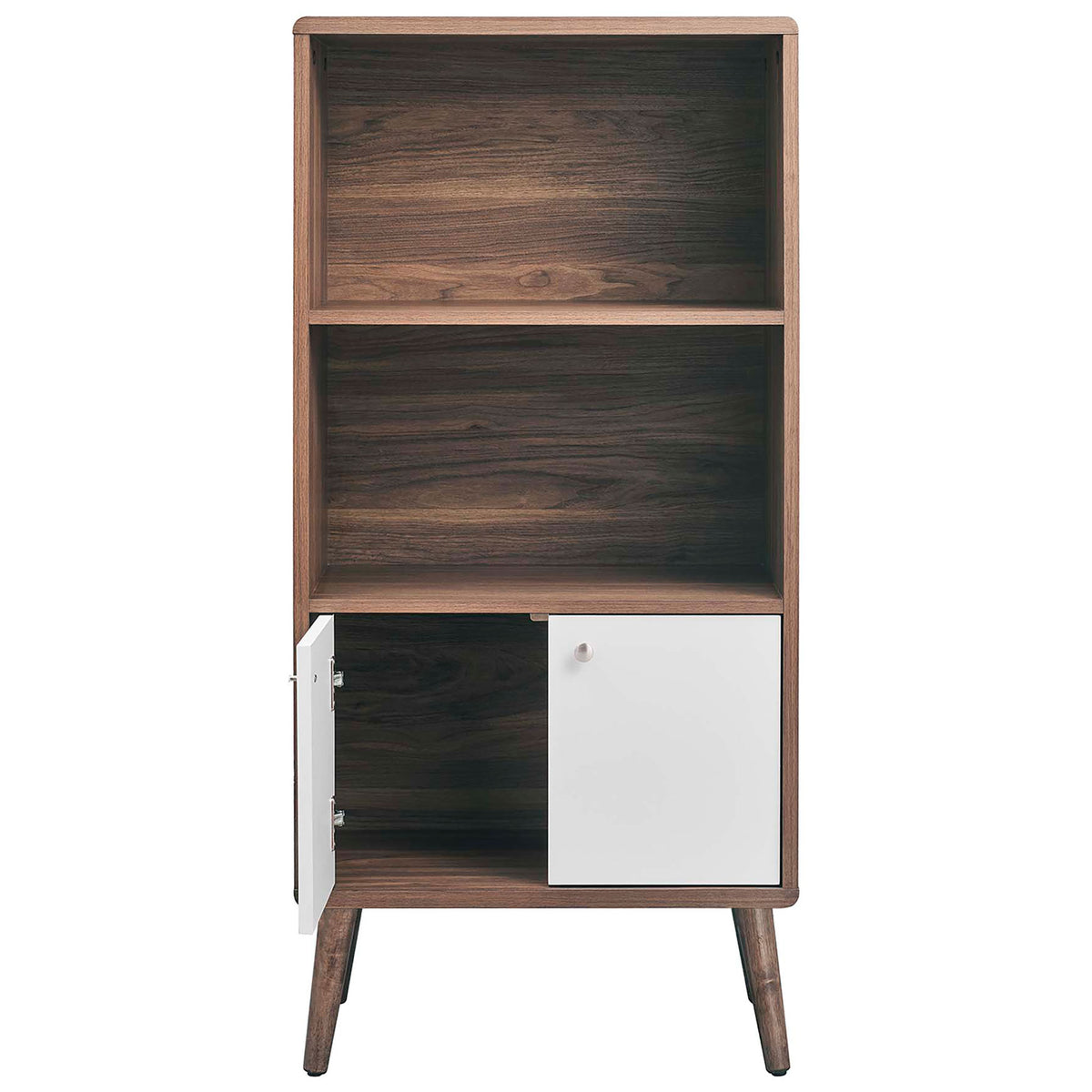 Open cabinet reveals a roomy interior behind clean white doors. || EEI-6230-WAL-WHI || front_open_studio