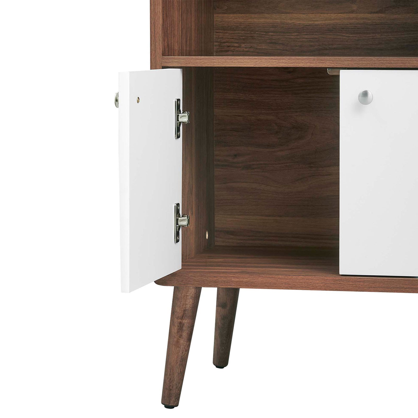 White door and metal hinges with warm walnut interior. || EEI-6230-WAL-WHI || storage_open_studio