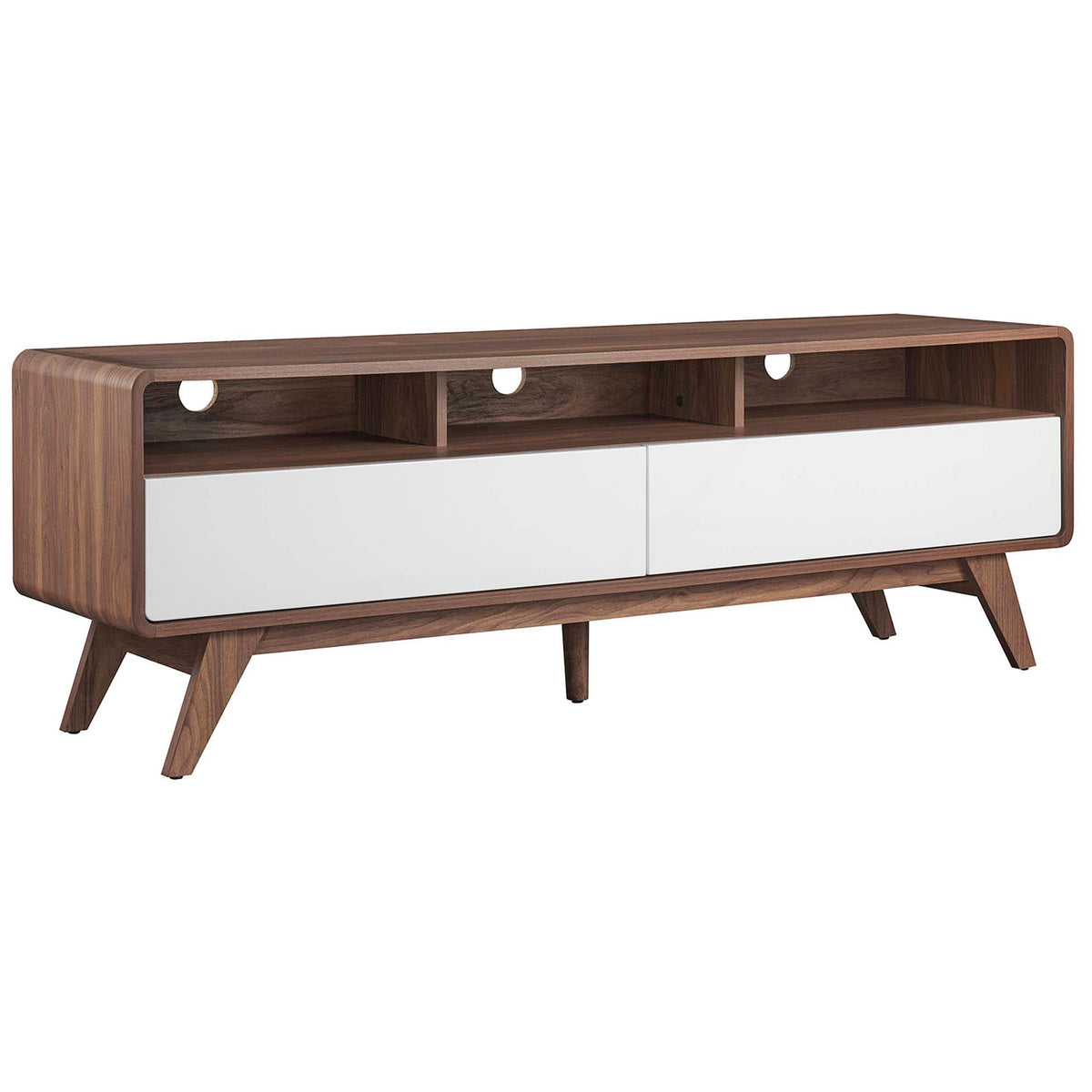 Mid-century TV stand with rounded corners, triple cable cutouts, and splayed legs for modern flair || EEI-6231-WAL-WHI || front_angle_studio