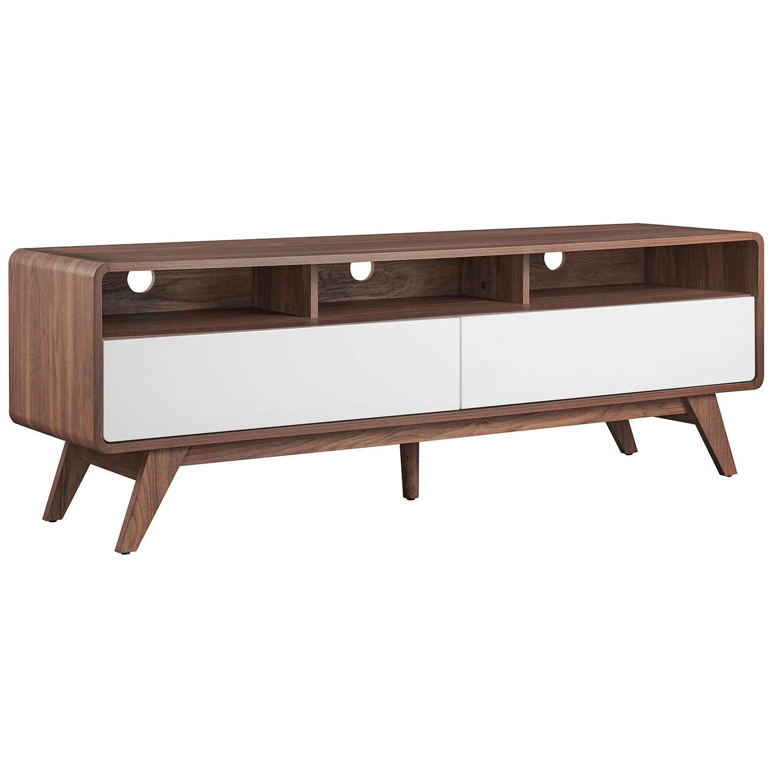 Mid-century TV stand with rounded corners, triple cable cutouts, and splayed legs for modern flair || EEI-6231-WAL-WHI || front_angle_studio