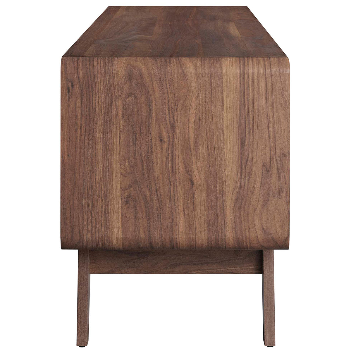Continuous walnut woodgrain wraps the sides and top for a smooth waterfall-style TV stand profile || EEI-6231-WAL-WHI || side_studio