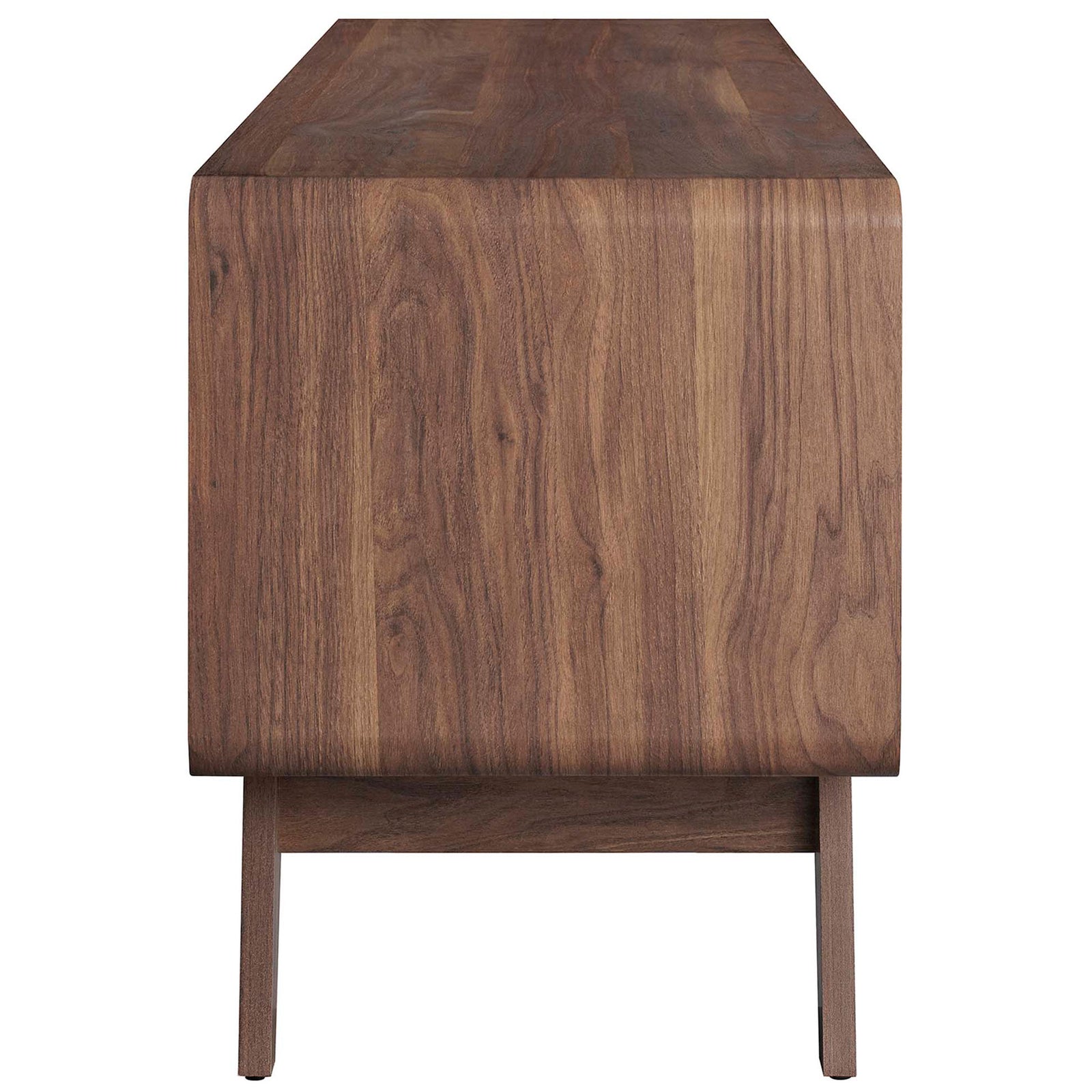 Continuous walnut woodgrain wraps the sides and top for a smooth waterfall-style TV stand profile || EEI-6231-WAL-WHI || side_studio