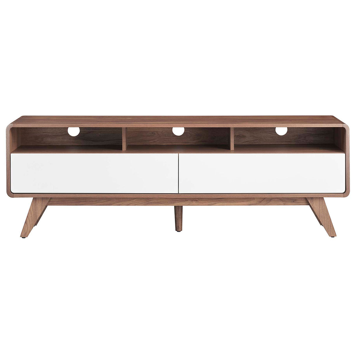 Walnut TV stand with three open compartments and two wide white drawers for concealed storage || EEI-6231-WAL-WHI || front_studio