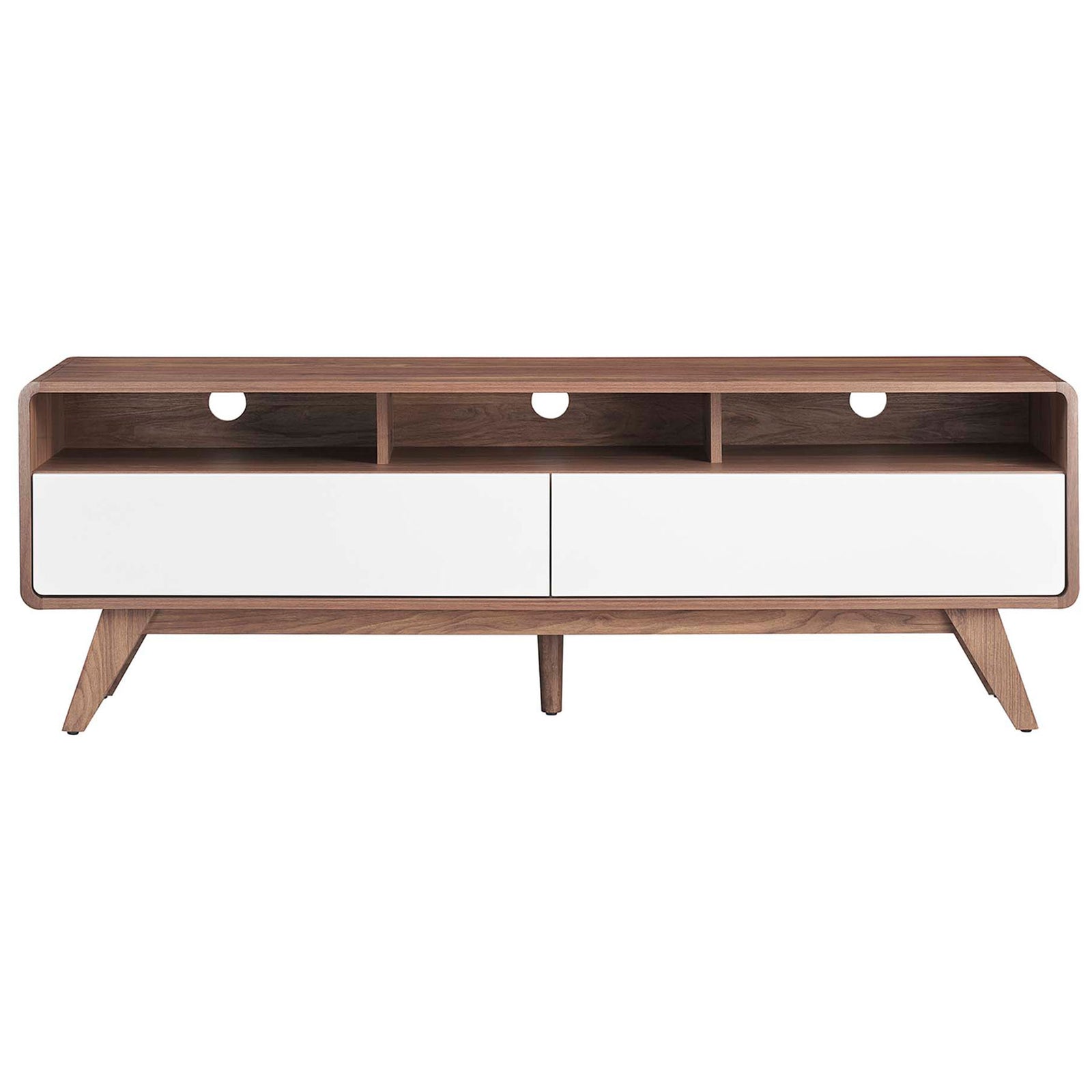 Walnut TV stand with three open compartments and two wide white drawers for concealed storage || EEI-6231-WAL-WHI || front_studio