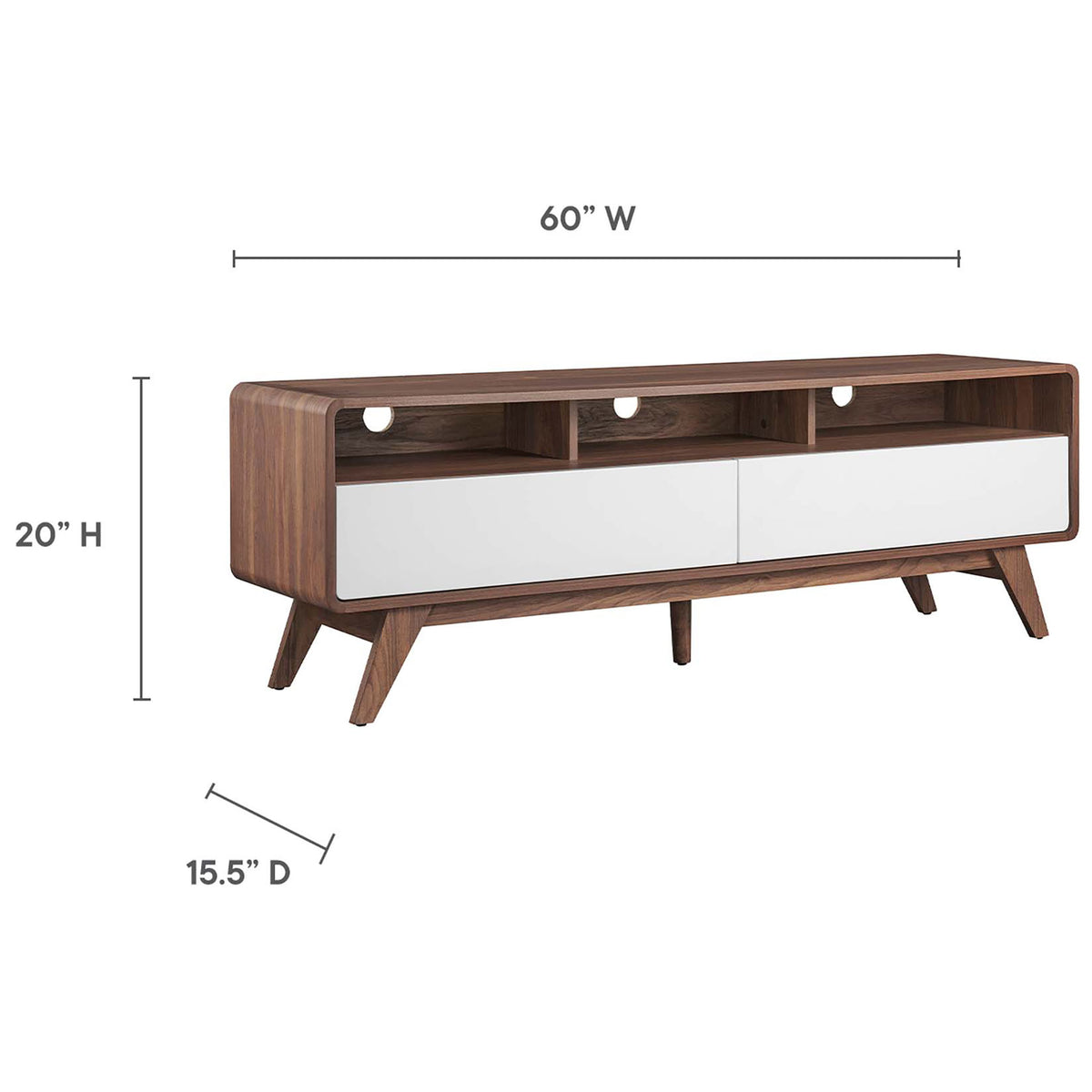 Dimension diagram displays overall width, height, and depth of the Transmit 60 inch TV stand || EEI-6231-WAL-WHI || dimension_studio