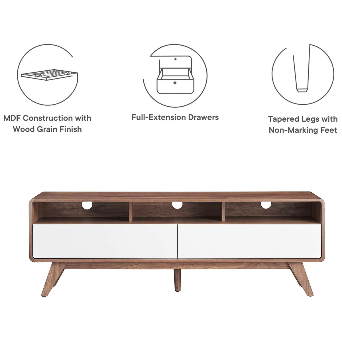 Feature highlights show MDF construction, full-extension drawers, and tapered legs with non-marking feet || EEI-6231-WAL-WHI || callout_studio