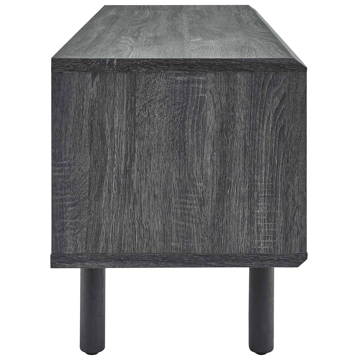 Charcoal wood grain TV stand showing streamlined side panel and slim round legs || EEI-6233-CHA || side_studio