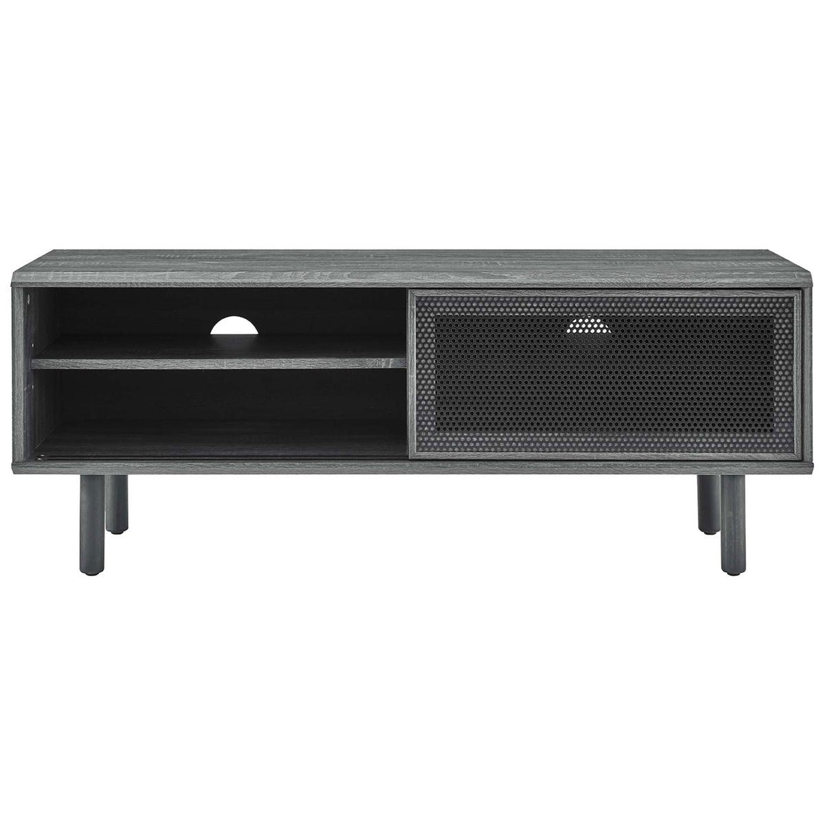Charcoal TV console with right mesh door slid open to reveal media shelves and cable cutout || EEI-6233-CHA || front_studio