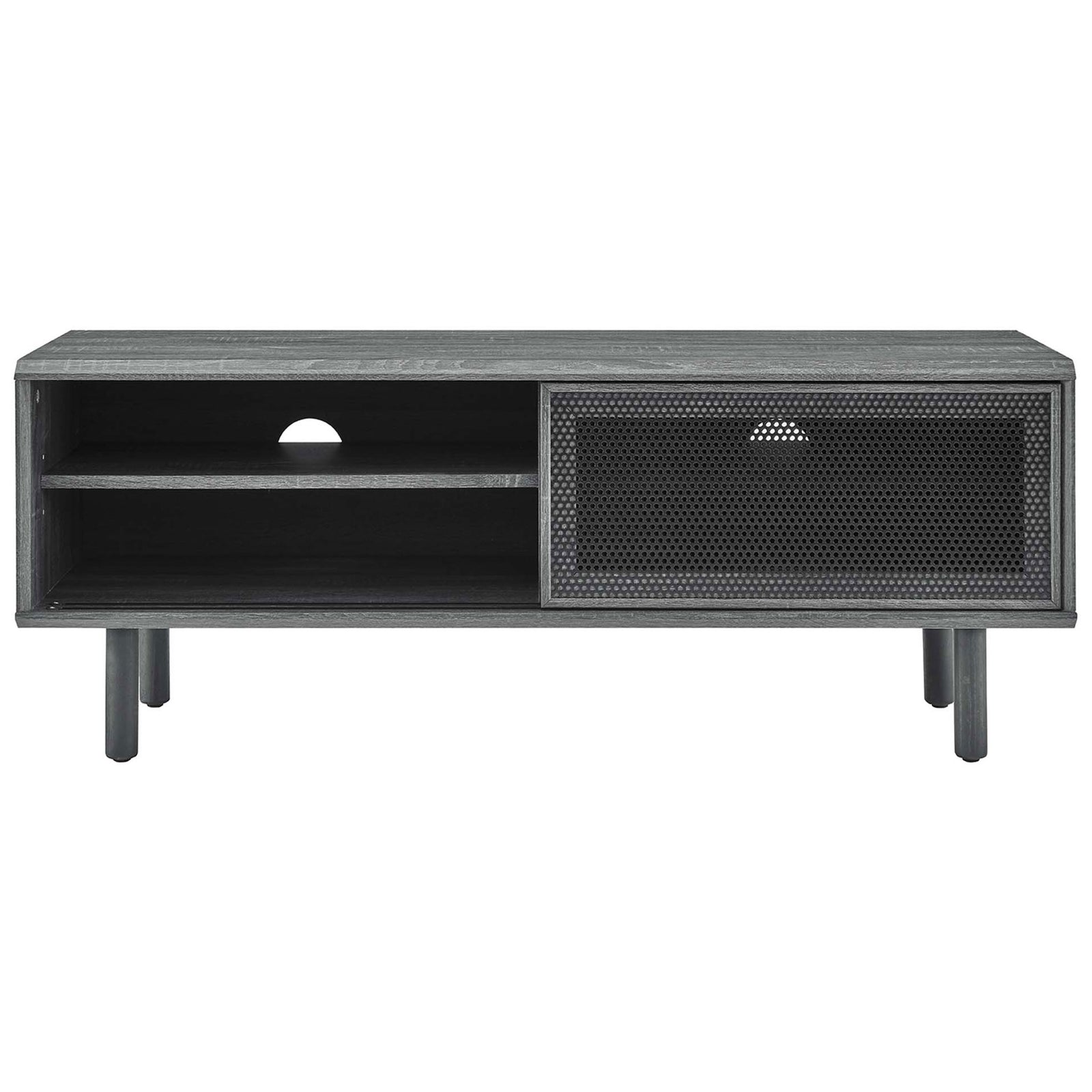 Charcoal TV console with right mesh door slid open to reveal media shelves and cable cutout || EEI-6233-CHA || front_studio
