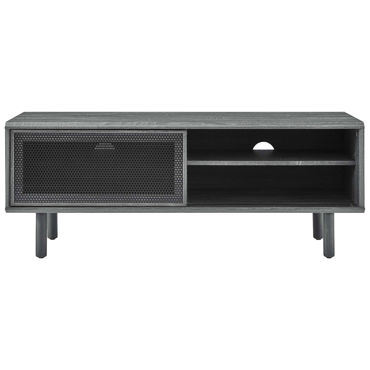 Charcoal TV console with left mesh door slid open to showcase shelving and cable management || EEI-6233-CHA || front_studio