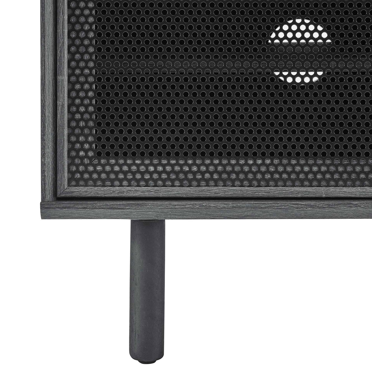 Design detail of charcoal frame, perforated mesh door, and sturdy round legs with foot pads || EEI-6233-CHA || leg_studio
