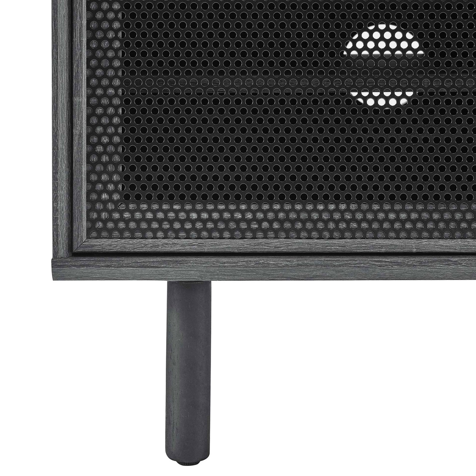 Design detail of charcoal frame, perforated mesh door, and sturdy round legs with foot pads || EEI-6233-CHA || leg_studio