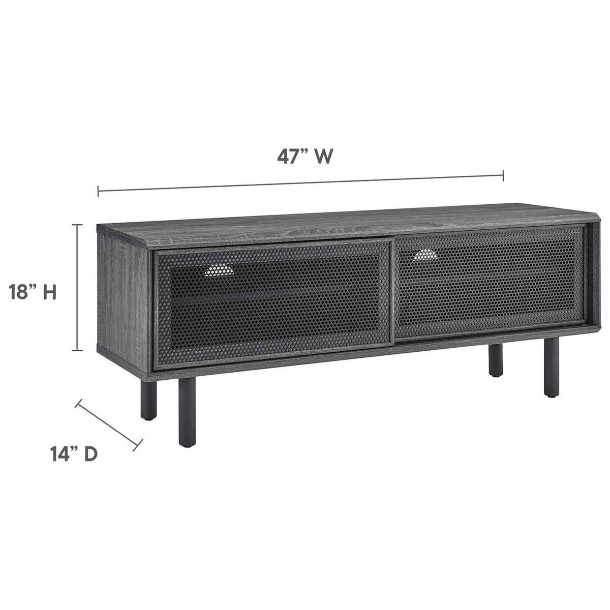 Dimension graphic shows Kurtis 47 in charcoal TV stand at 47 in wide, 18 in high, and 14 in deep || EEI-6233-CHA || dimension_studio