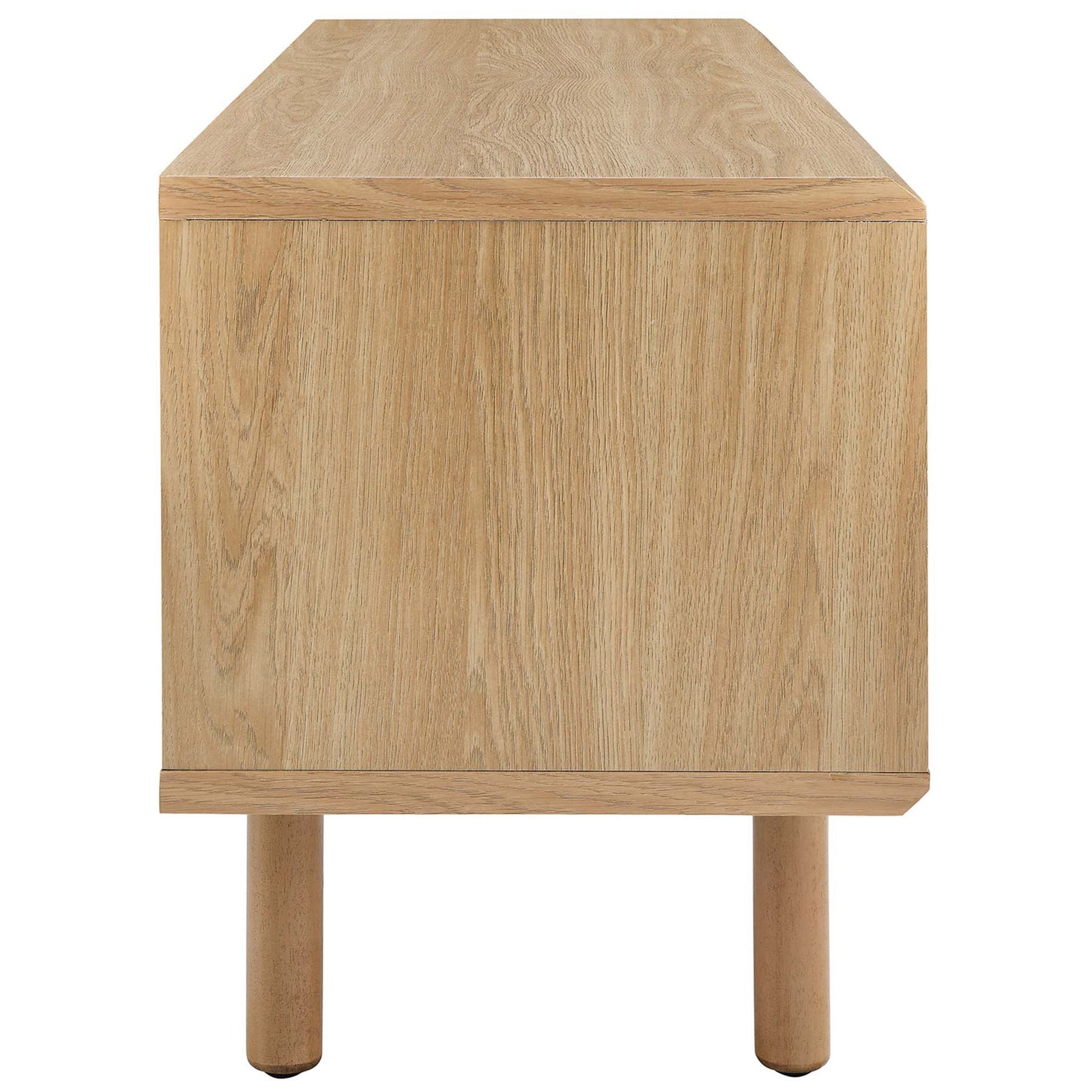 Oak wood grain TV stand showing streamlined side panel and slim round legs || EEI-6233-OAK || side_studio